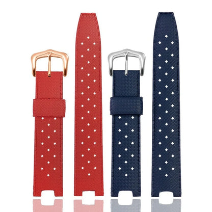 Black silicone watch strap with steel buckle showing female port connection for 20mm-22mm watches