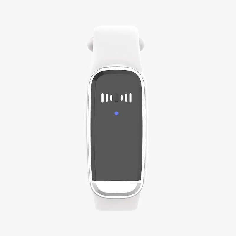 Ultrasonic mosquito repellent wristband in black and white colours showing compact wearable design