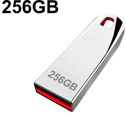Metal USB flash drive showing creative design with USB 2.0 connector, capacity options from 8GB to 2TB