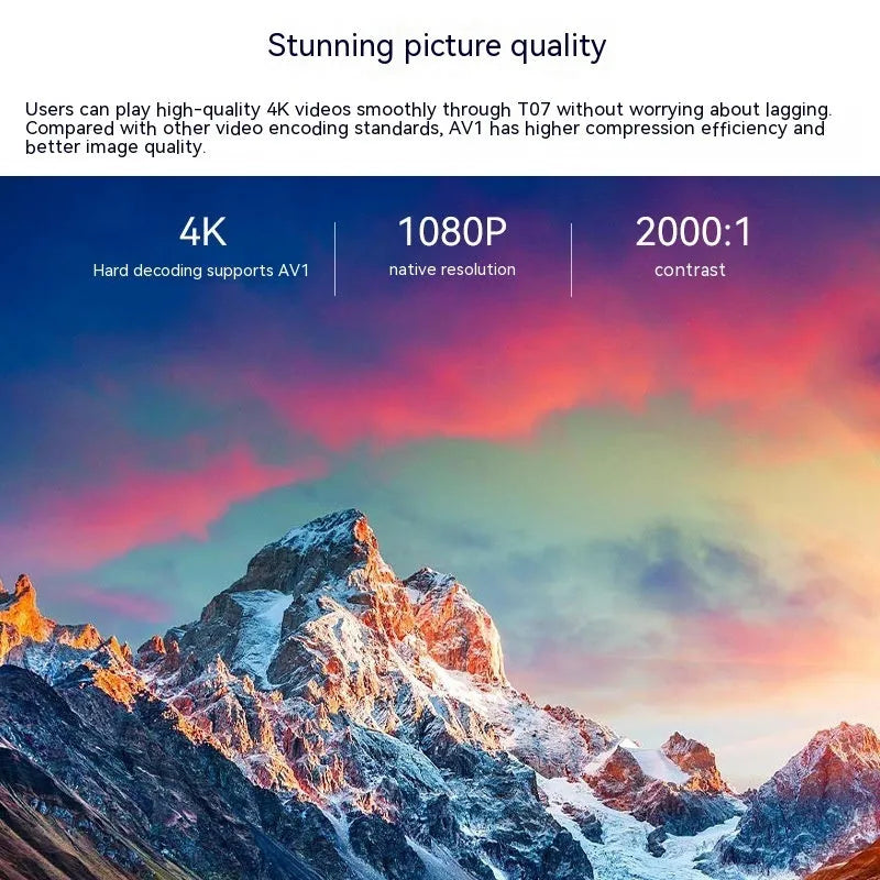 White T07 Full HD smart projector with remote control showing 1080p resolution and Android system