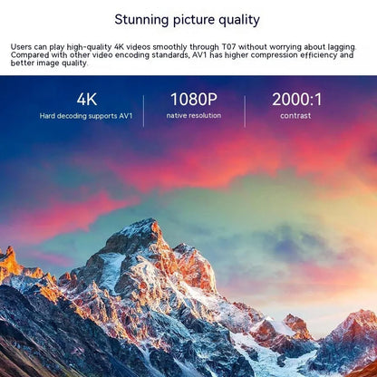 White T07 Full HD smart projector with remote control showing 1080p resolution and Android system