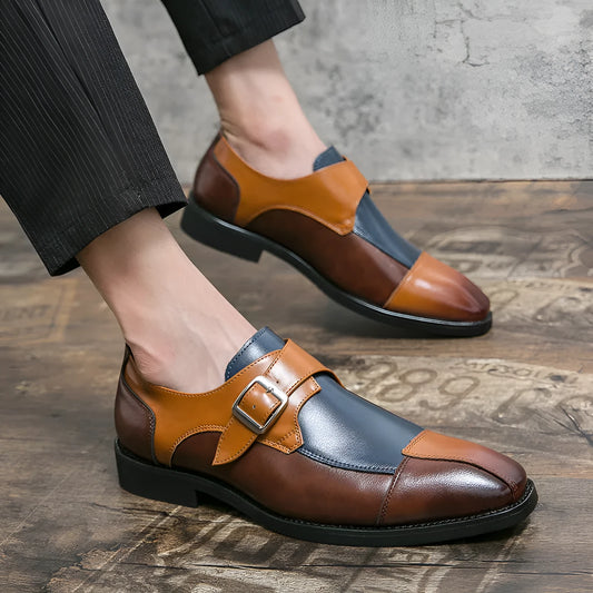 Men's brown blue and black retro buckle casual leather shoes in British style.