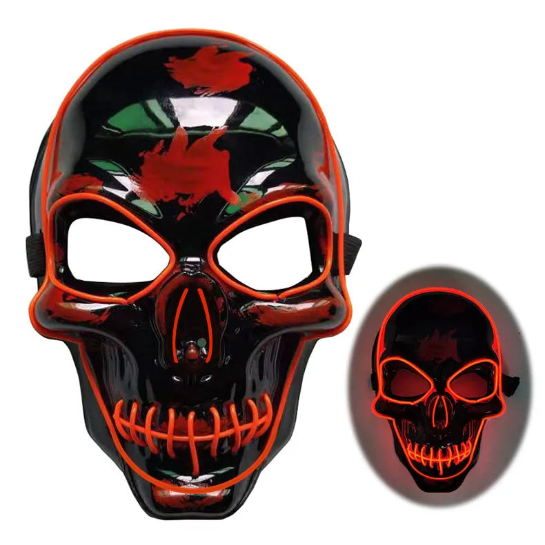 Blue LED glow skeleton mask with flashing lights on a person's face