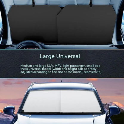Automatic retractable car sunshade showing Oxford cloth material and retraction mechanism