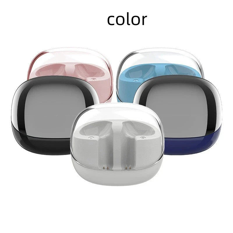 Wireless Bluetooth headset with transparent case, showcasing its sleek and compact design