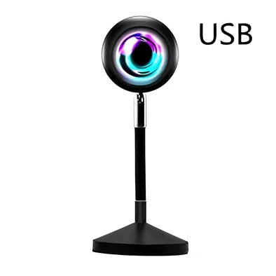 Rainbow sunset projector lamp with remote control showing colourful wall lighting effects