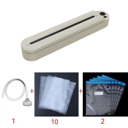 Black household vacuum sealing machine with 90W power, vacuum bags, and external tubes for food preservation