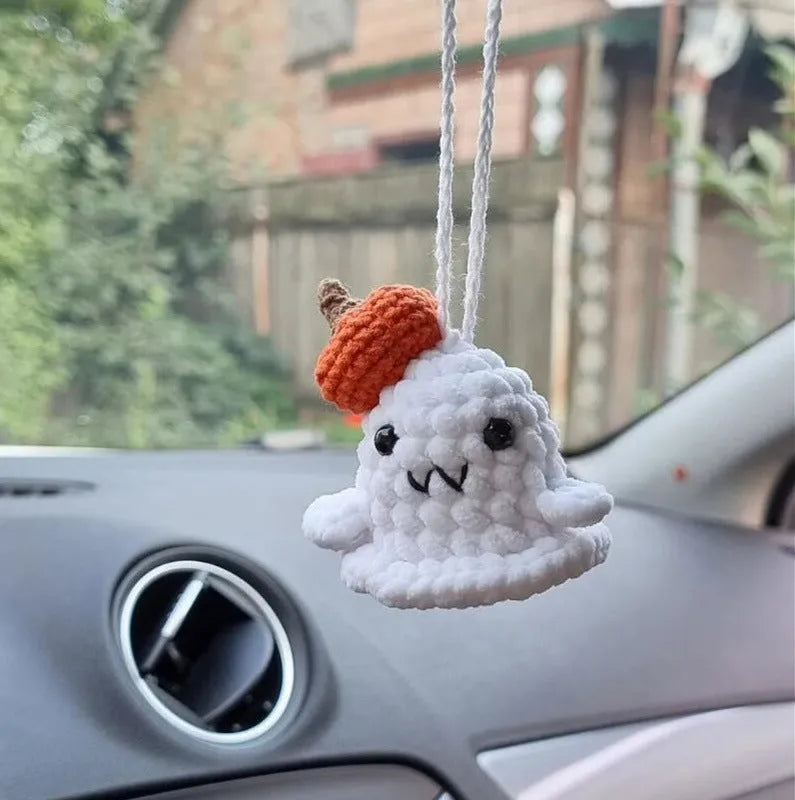 Soft, hand-woven plush car hanging ornament in a cartoon character design.