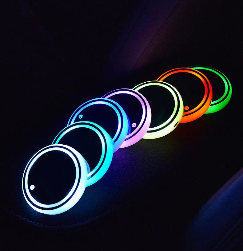 Colorful LED cup holder coaster with 7 color lighting options, solar and USB charging capabilities, and non-slip design for secure drinks in your car