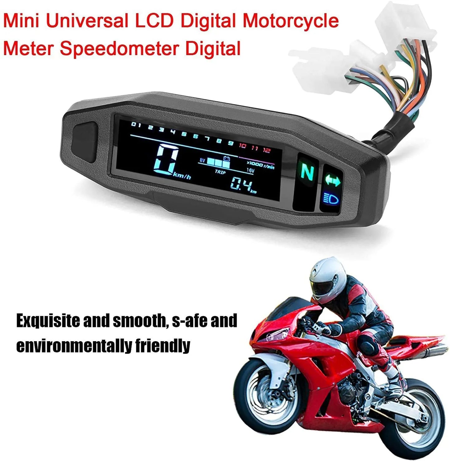 Black motorcycle mini speedometer with LCD display, measuring 141mm x 45mm, showing speed and fuel gauges