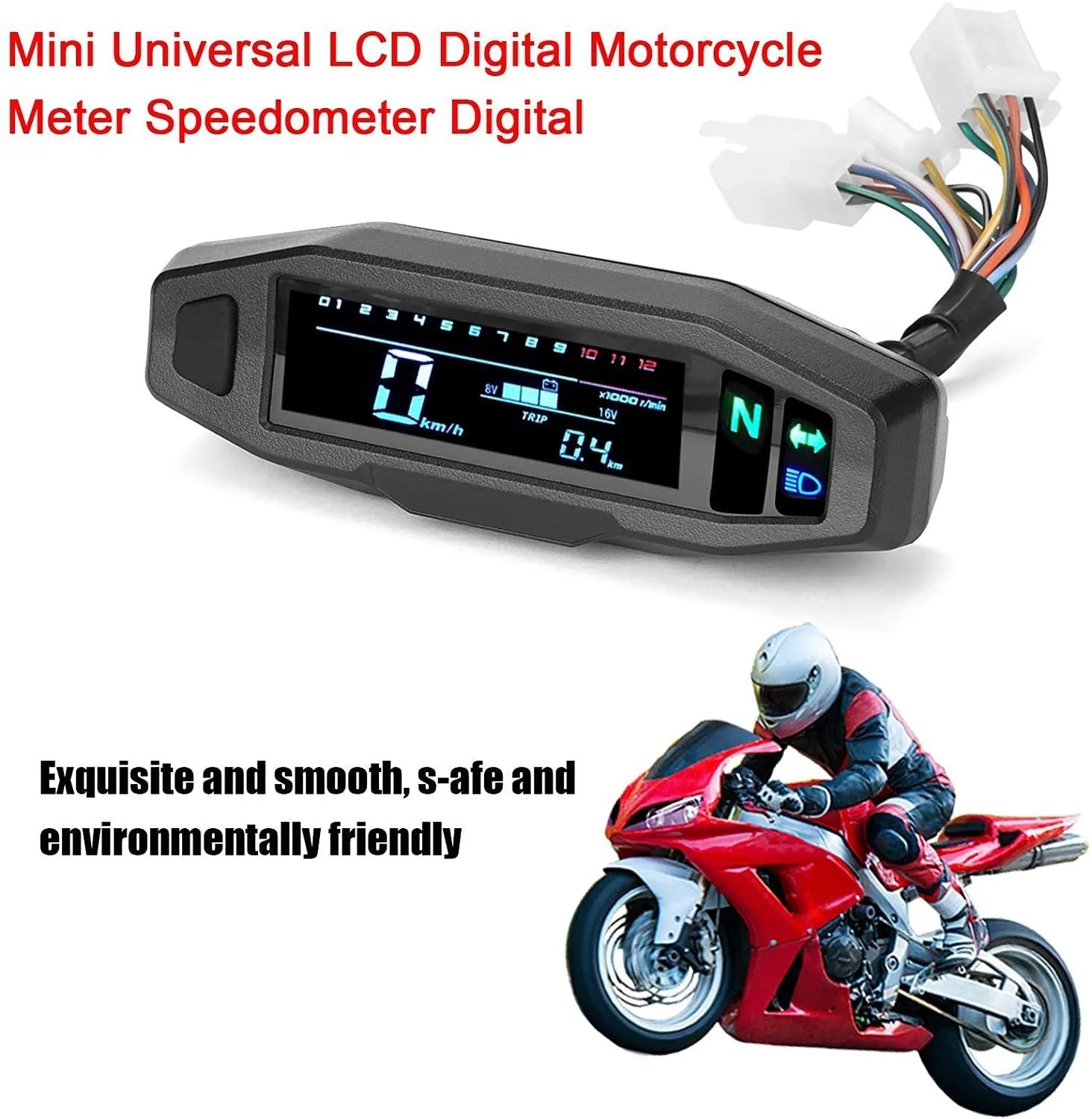 Black motorcycle mini speedometer with LCD display, measuring 141mm x 45mm, showing speed and fuel gauges