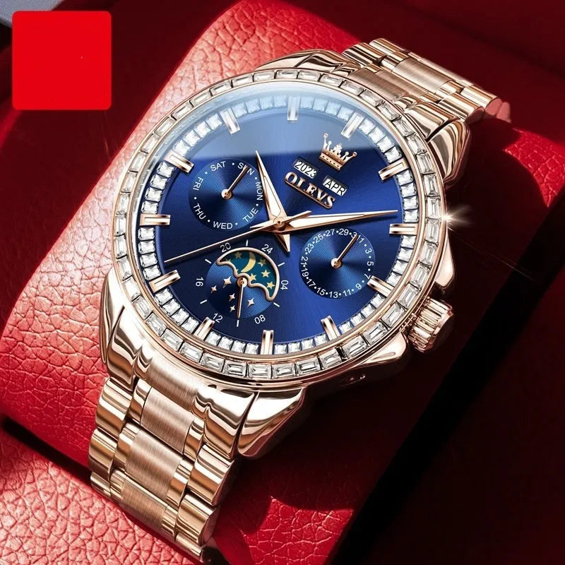 Men's automatic mechanical watch with diamond dial, stainless steel case, and transparent back showing movement