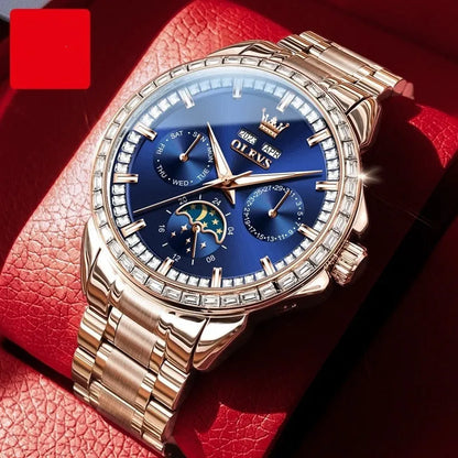 Men's automatic mechanical watch with diamond dial, stainless steel case, and transparent back showing movement