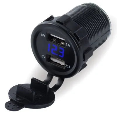 Motorcycle waterproof car charger with USB fast charging port and LED indicator lights