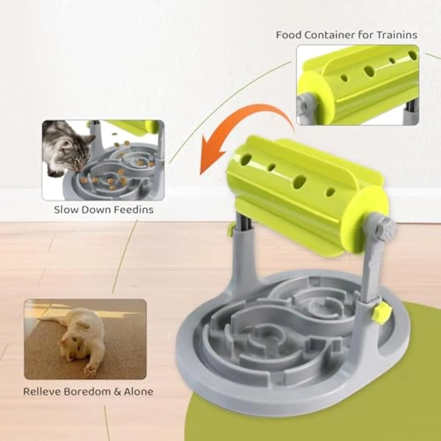 Blue adjustable height pet puzzle feeder with raised food tray patterns for slow eating