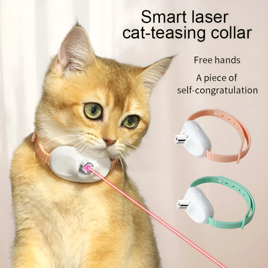 Green interactive laser cat collar with red dot projection for feline teasing and play.