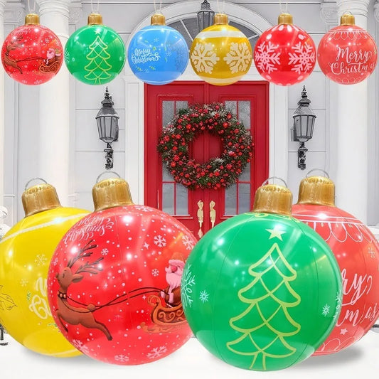 63cm red snowflake inflatable Christmas ball with flashing LED lights hanging in garden