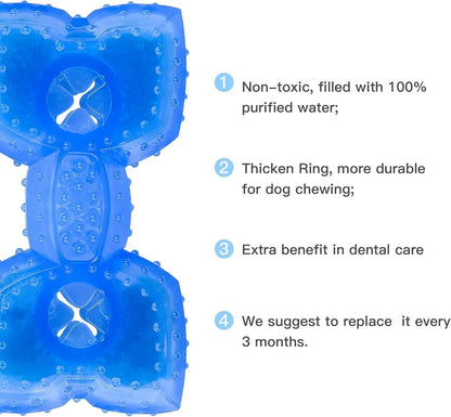 Blue bone-shaped dog teething toy with cooling function and treat compartment for puppies