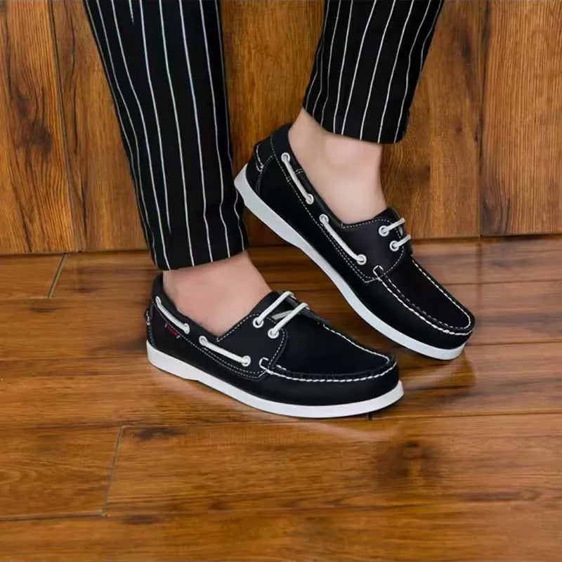 Men's Casual Shoes British Style Flat Heel Round Toe Breathable Artificial PU Upper Available in Sizes 40 to 48 in Four Solid Colour Options Including White and Black