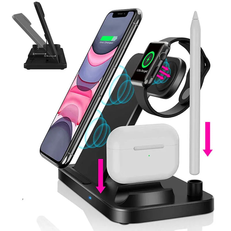 Black folding 4-in-1 wireless charger open, showing iPhone, Apple Watch, AirPods, and Apple Pen charging simultaneously.