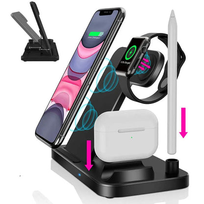Black folding 4-in-1 wireless charger open, showing iPhone, Apple Watch, AirPods, and Apple Pen charging simultaneously.