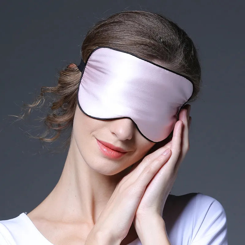Double-sided mulberry silk eye mask showing 22cm by 11cm dimensions in navy blue colour