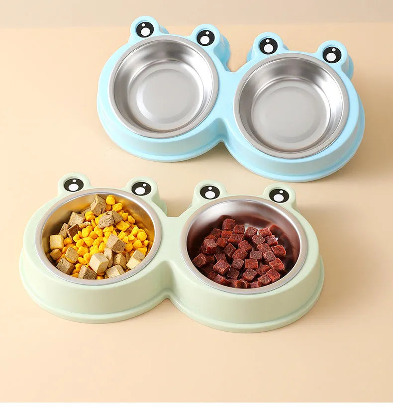 Stainless steel double pet bowl set with frog dish in blue, green, or pink.