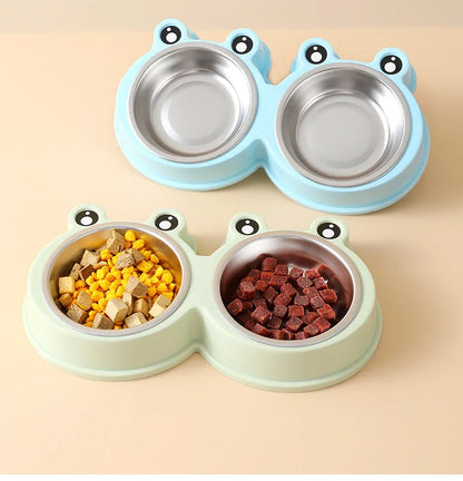 Stainless steel double pet bowl set with frog dish in blue, green, or pink.