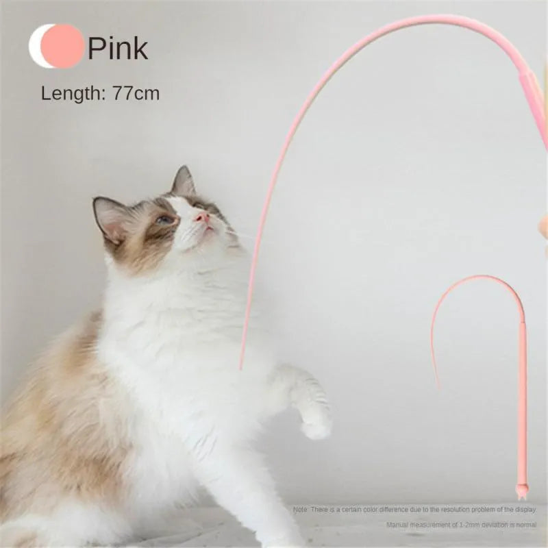 Blue simulated mouse tail cat toy with silicone tail and cat head design on a stick.