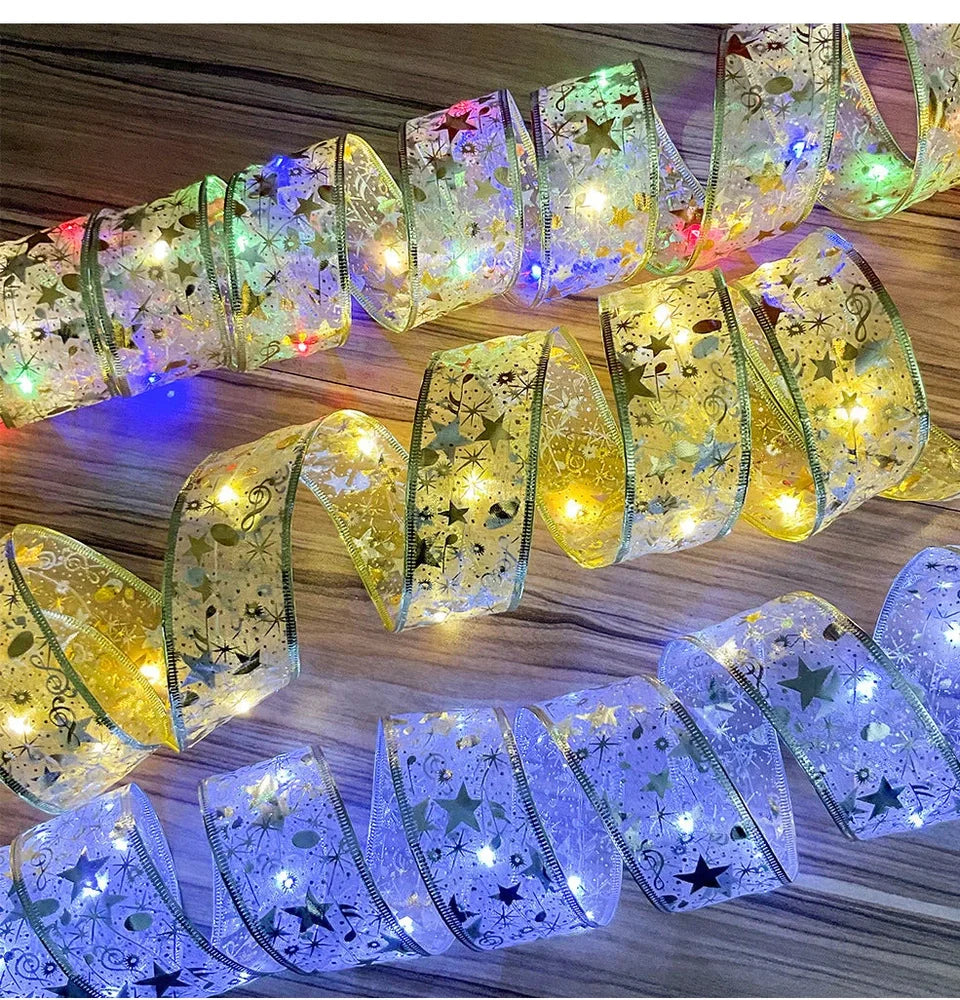 LED Christmas silk light string with battery operation in gold, red, or silver colours with 3.8cm or 5cm wide silk coverage