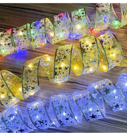 LED Christmas silk light string with battery operation in gold, red, or silver colours with 3.8cm or 5cm wide silk coverage