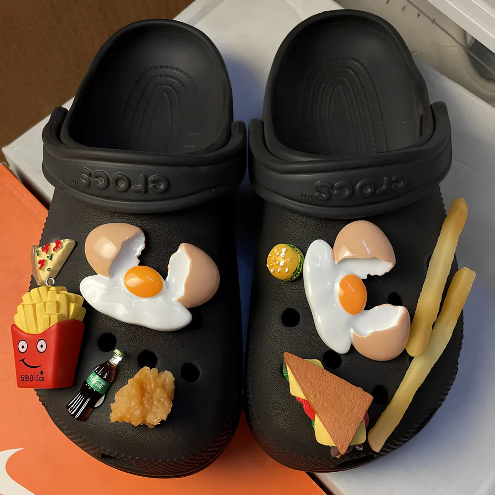 Six DIY plastic shoe buckles with fried chicken burger designs including double wheat chicken nuggets and double drumstick variations