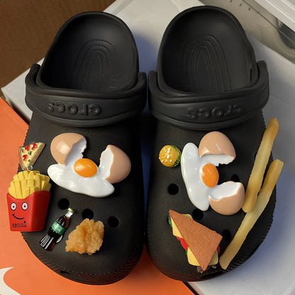 Six DIY plastic shoe buckles with fried chicken burger designs including double wheat chicken nuggets and double drumstick variations