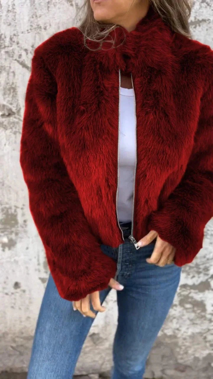 Women's stand collar plush jacket in faux fur with zipper, available in multiple colors
