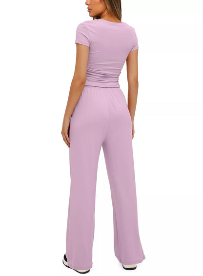 Women's 2-piece solid color yoga set with short-sleeve top and high-waisted pants