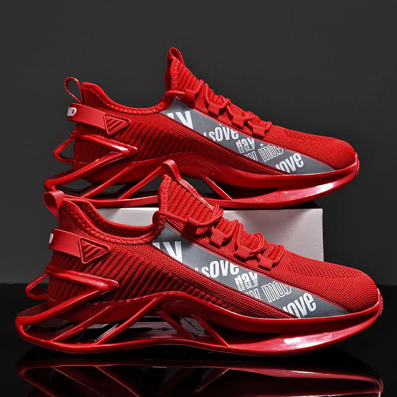 Men's casual shoes with breathable woven mesh upper in black, blue, red, or white colours showing embroidery detailing