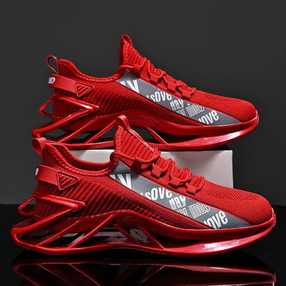Men's casual shoes with breathable woven mesh upper in black, blue, red, or white colours showing embroidery detailing