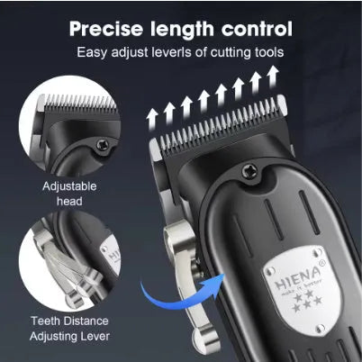 Black plastic USB rechargeable hair clipper set with LED display and adjustable blades.