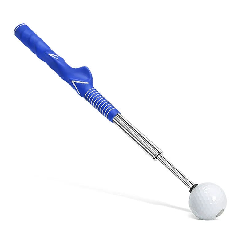 Golf telescopic swing simulator with adjustable stainless steel shaft and weighted head in black, blue, or red colours