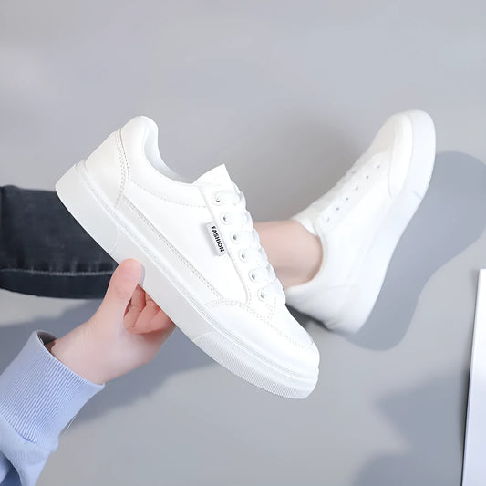 Korean style low-top sneakers in artificial PU leather available in white and brown colours