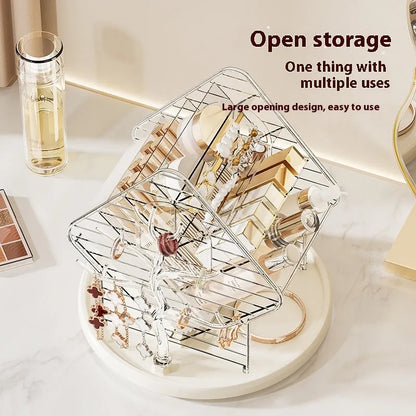 Rotating cosmetics storage box with 360° rotation in clear or amber gold plastic, odour-free construction
