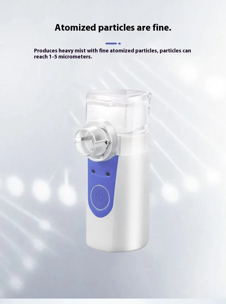 A white columnar handheld USB nebuliser spray machine with a single mist outlet on a table.