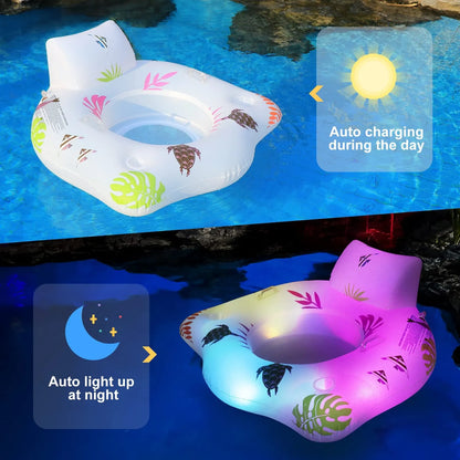 White U-shaped inflatable float with LED lights, dimensions 120x120cm, on water