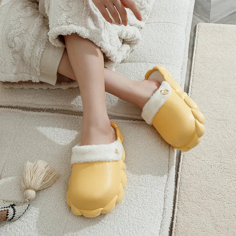 Waterproof EVA winter slippers with plush lining, detachable overshoes in pink, yellow, green, grey, black.