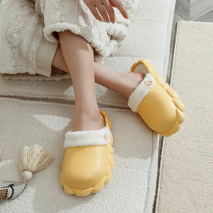 Waterproof EVA winter slippers with plush lining, detachable overshoes in pink, yellow, green, grey, black.