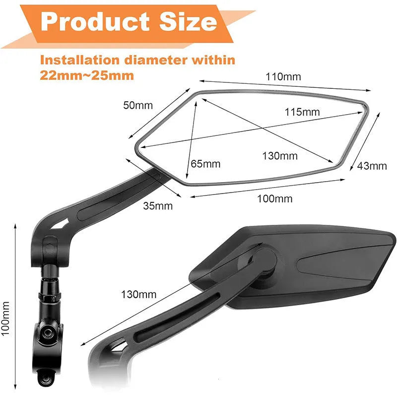 Black bicycle rearview mirror with 360 rotation adjustment for 2-2.4cm handlebars, shown with installation tools