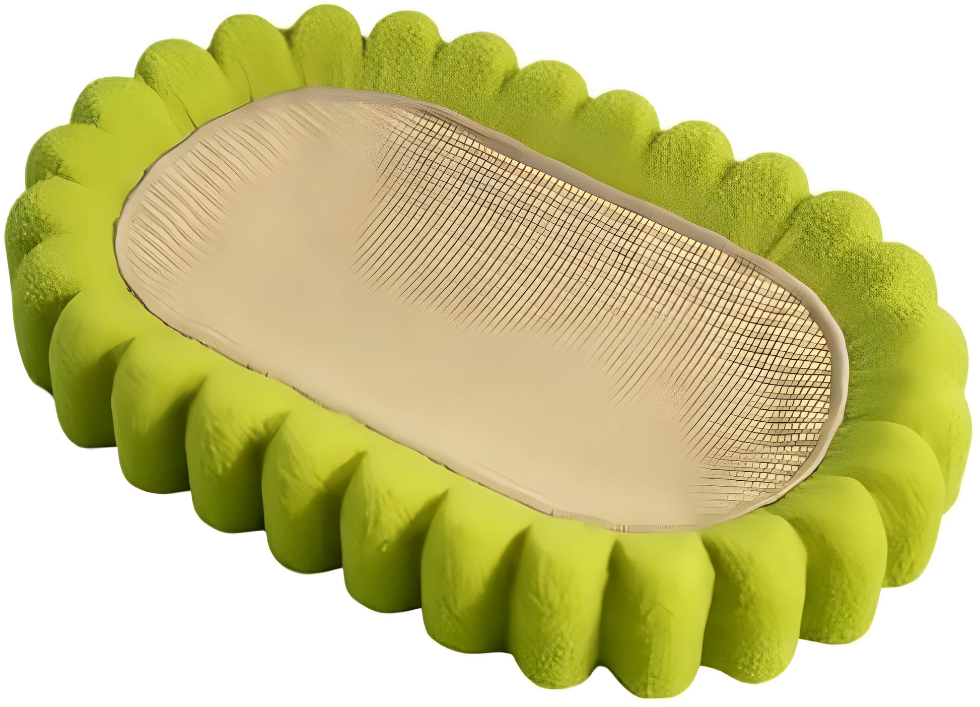 Green oval-shaped sisal cat scratching pad with a central bowl, serving as a cat bed and furniture protector.