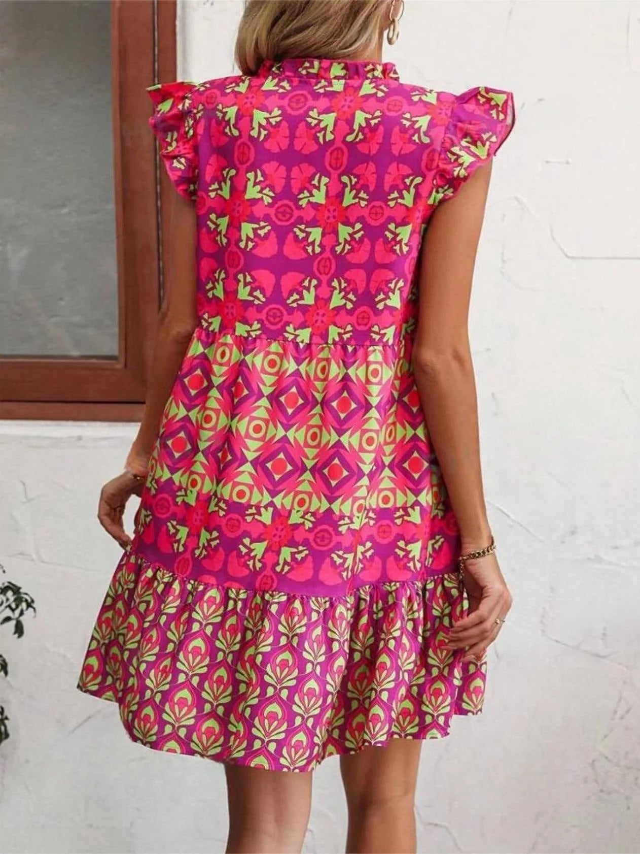 Printed sleeveless V-neck lace-up summer dress in rose red