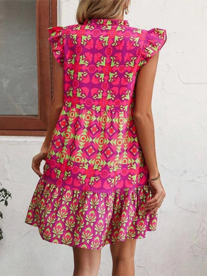 Printed sleeveless V-neck lace-up summer dress in rose red