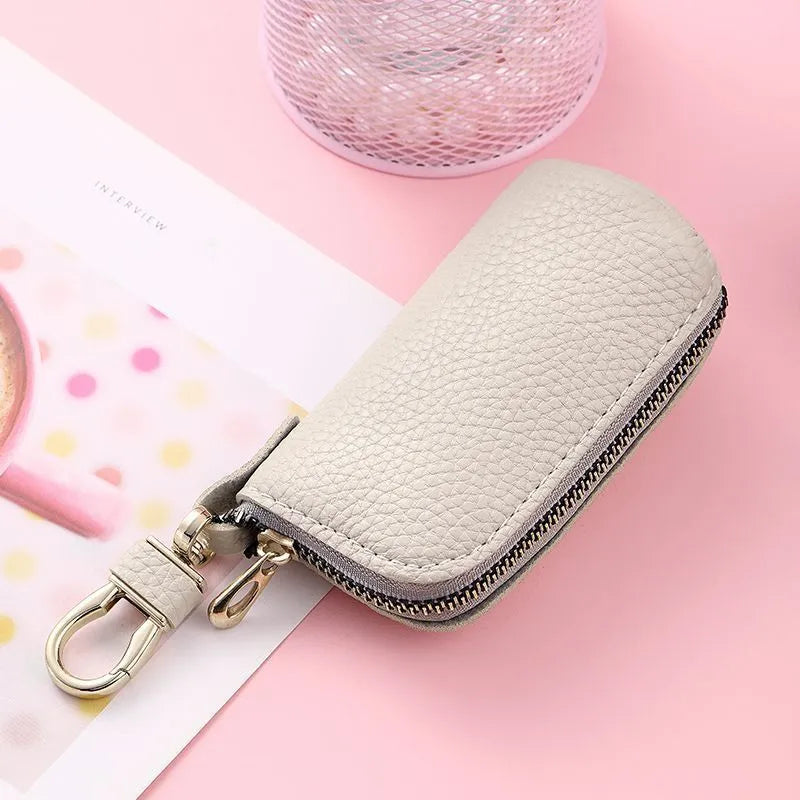 Men's black grey pink PU leather zipper key case organiser with waterproof construction